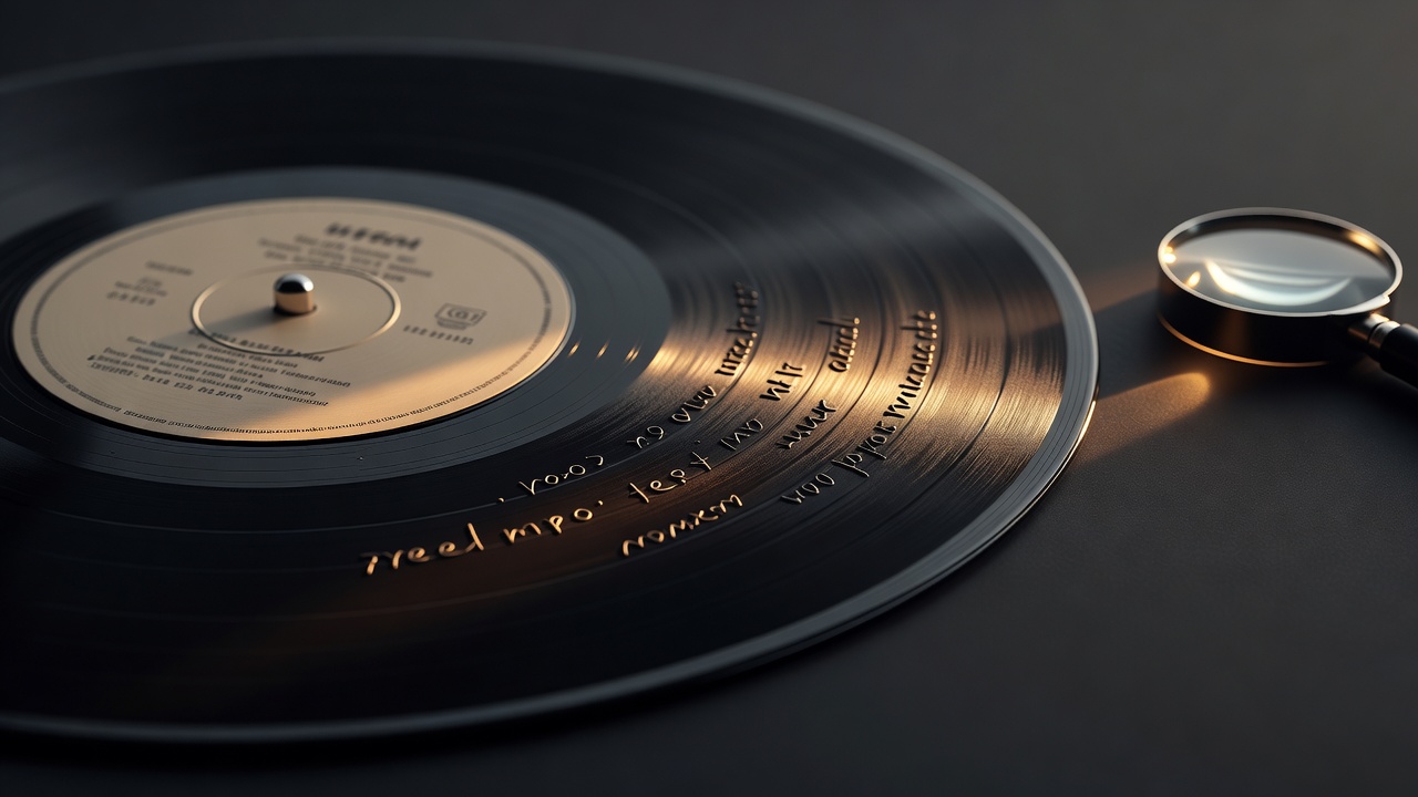 Gros plan sur un label de disque vinyle examiné à la loupe, avec une lumière rasante révélant les détails d'impression et les inscriptions de la zone morte